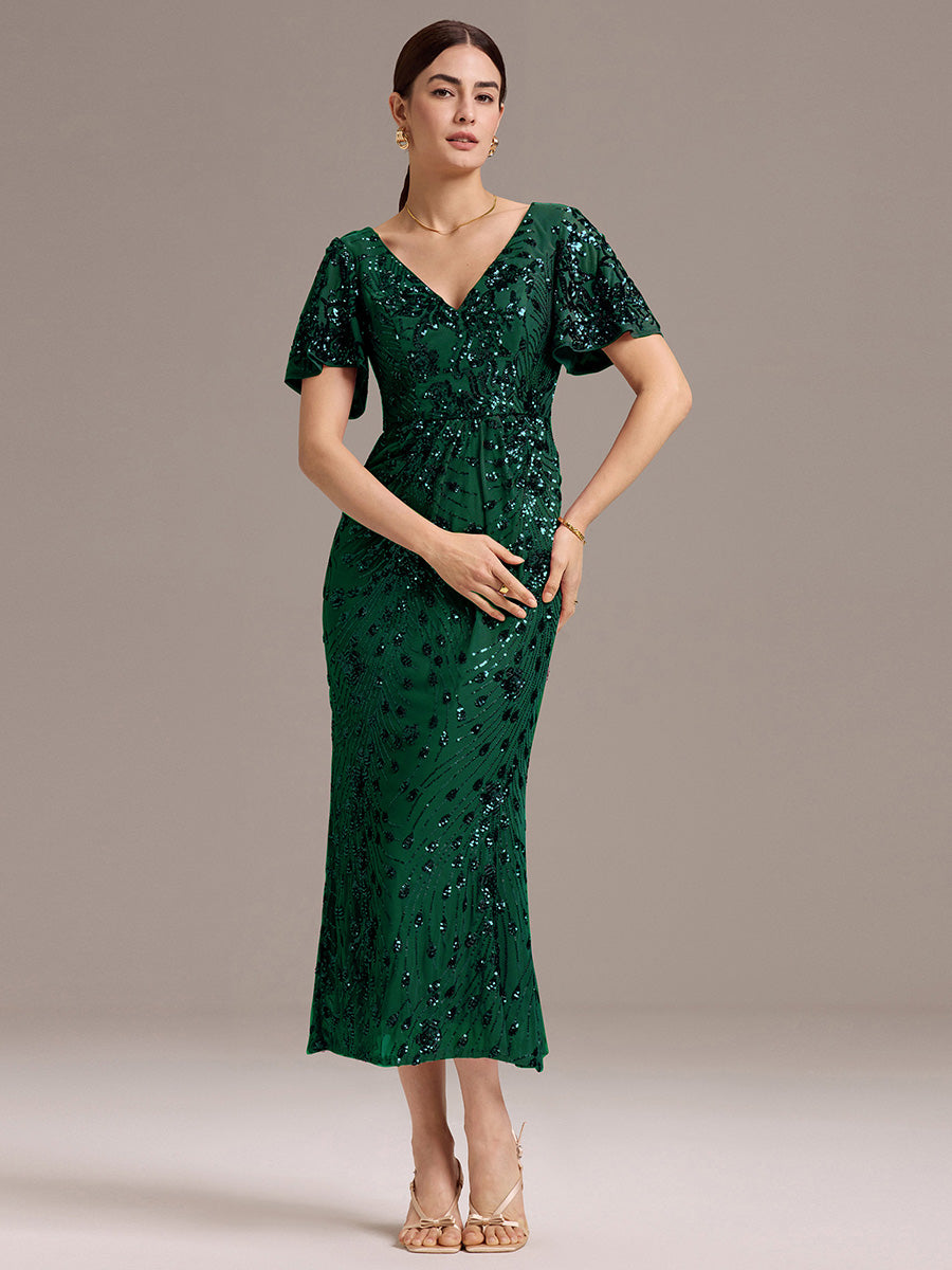 Sequin Ruffle Sleeve Evening Dress #color_Dark Green