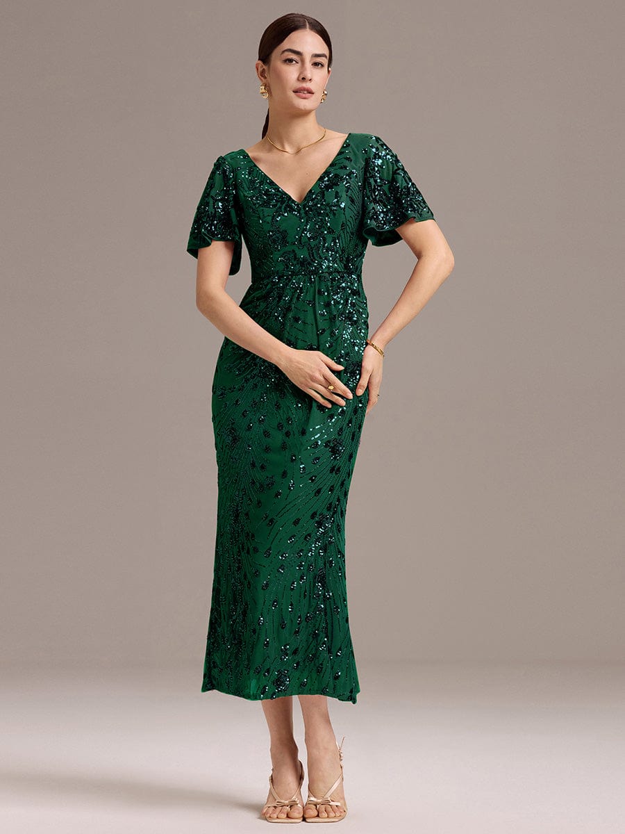 Sequin Ruffle Sleeve Evening Dress #color_Dark Green
