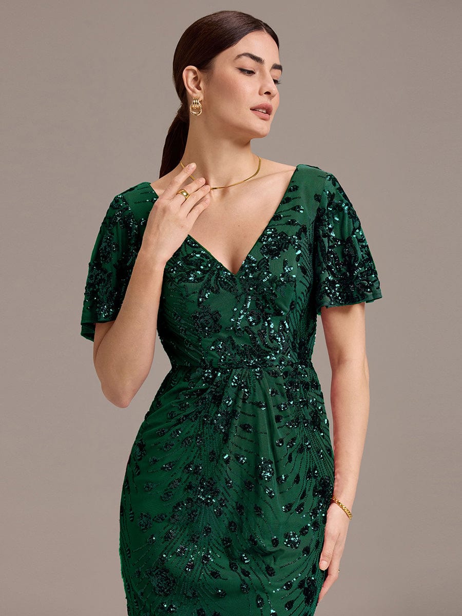 Sequin Ruffle Sleeve Evening Dress #color_Dark Green