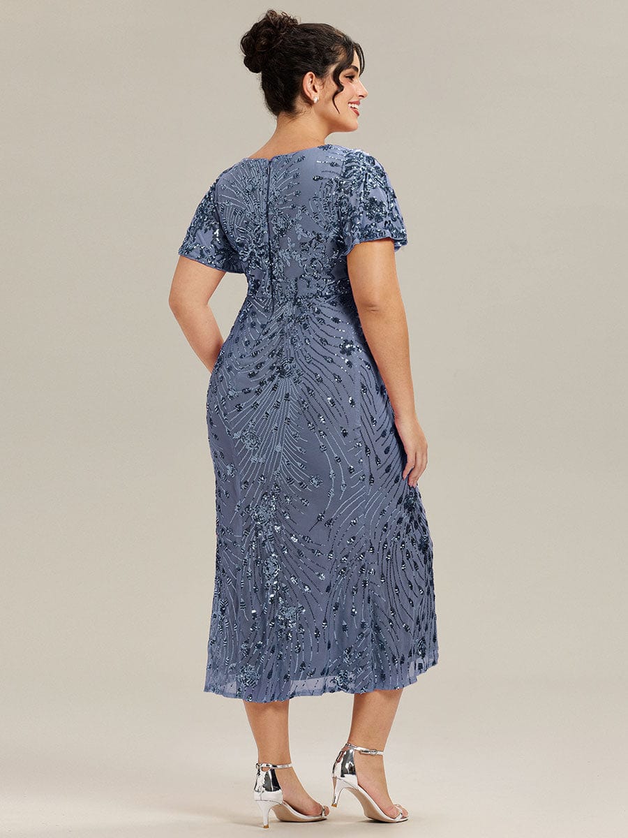 Sequin Ruffle Sleeve Evening Dress #color_Dusty Blue