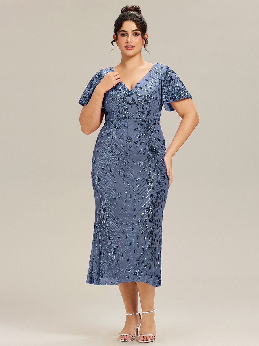 Sequin Ruffle Sleeve Evening Dress #color_Dusty Blue