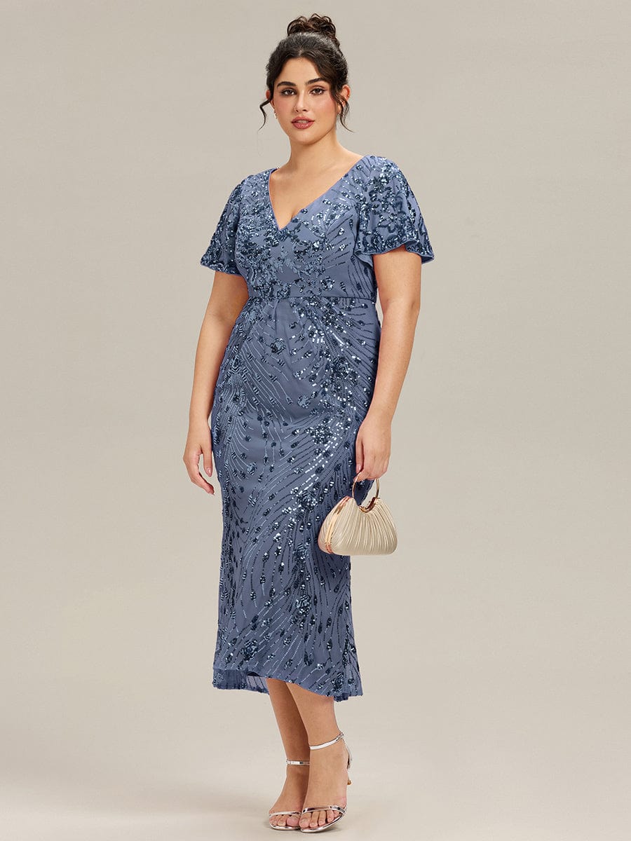 Sequin Ruffle Sleeve Evening Dress #color_Dusty Blue