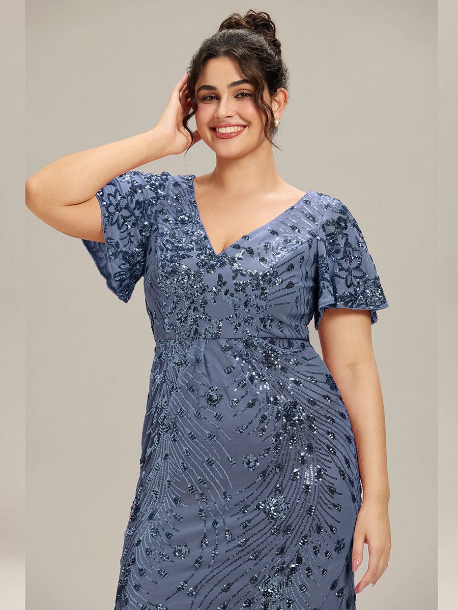 Sequin Ruffle Sleeve Evening Dress #color_Dusty Blue