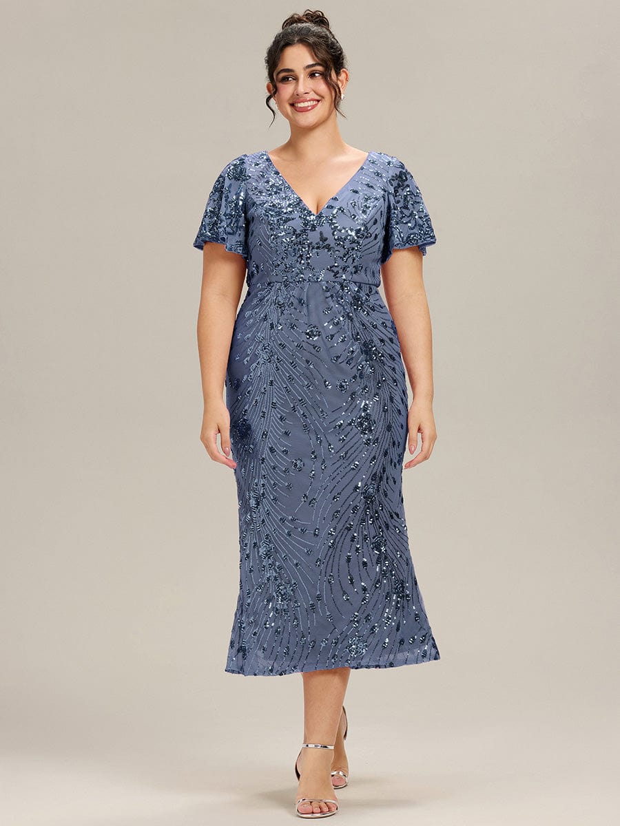 Sequin Ruffle Sleeve Evening Dress #color_Dusty Blue