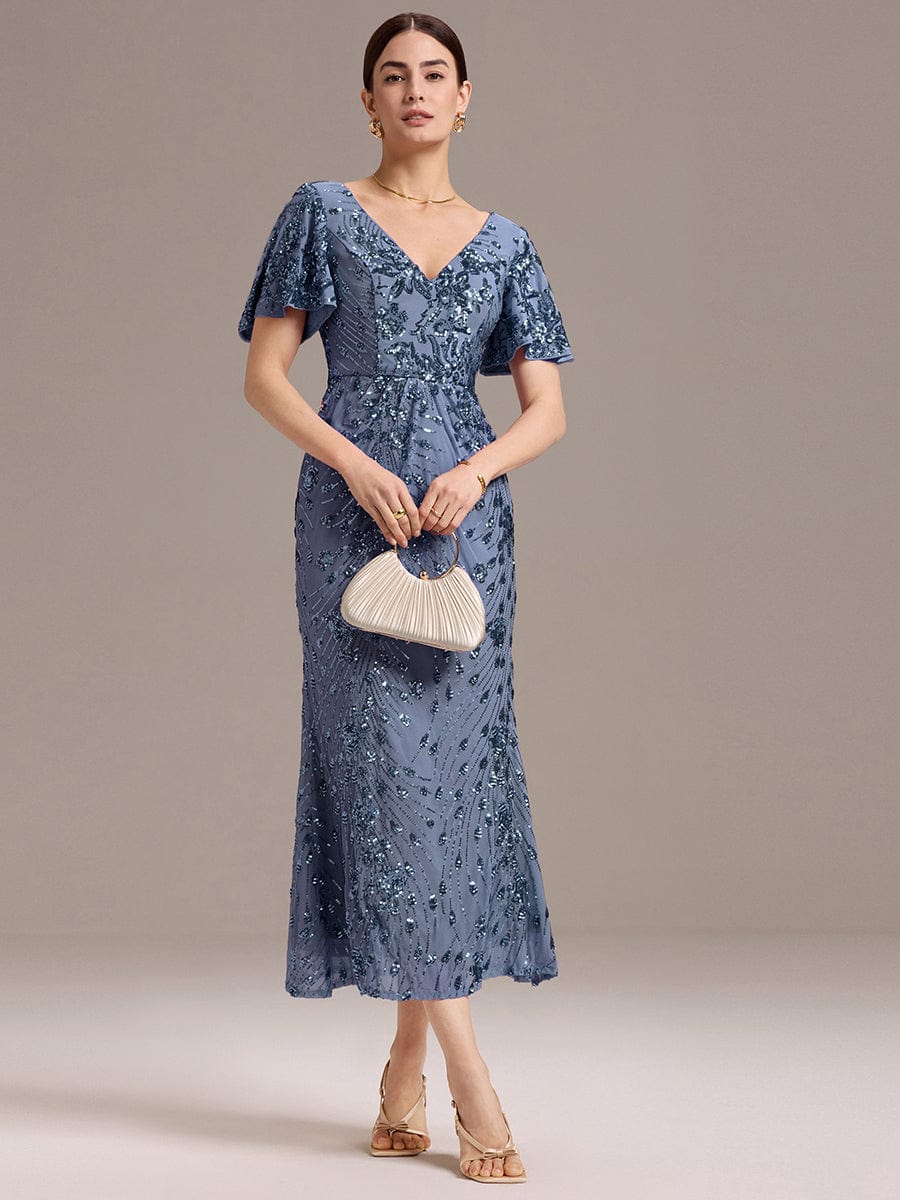 Sequin Ruffle Sleeve Evening Dress #color_Dusty Blue