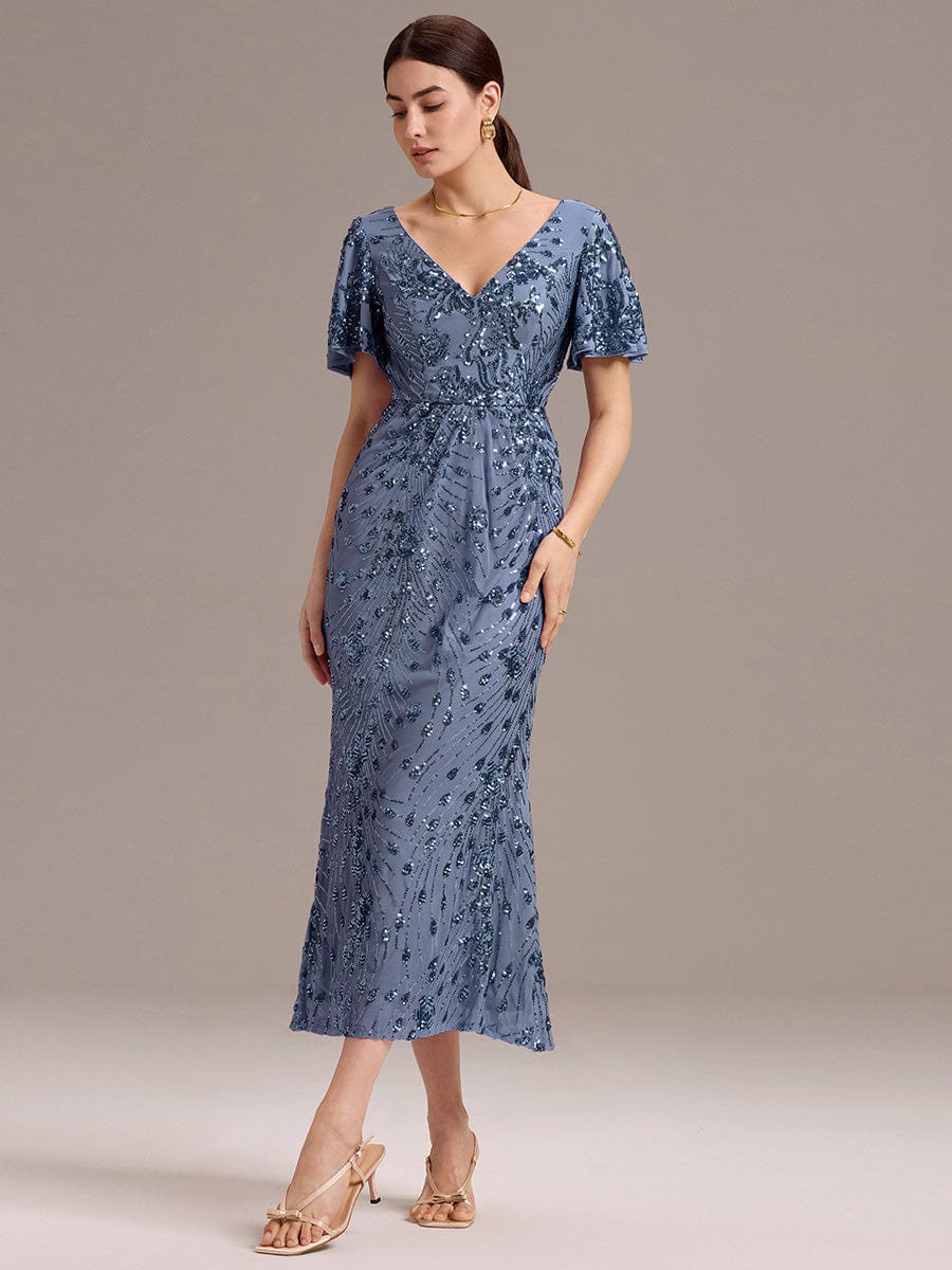 Sequin Ruffle Sleeve Evening Dress #color_Dusty Blue