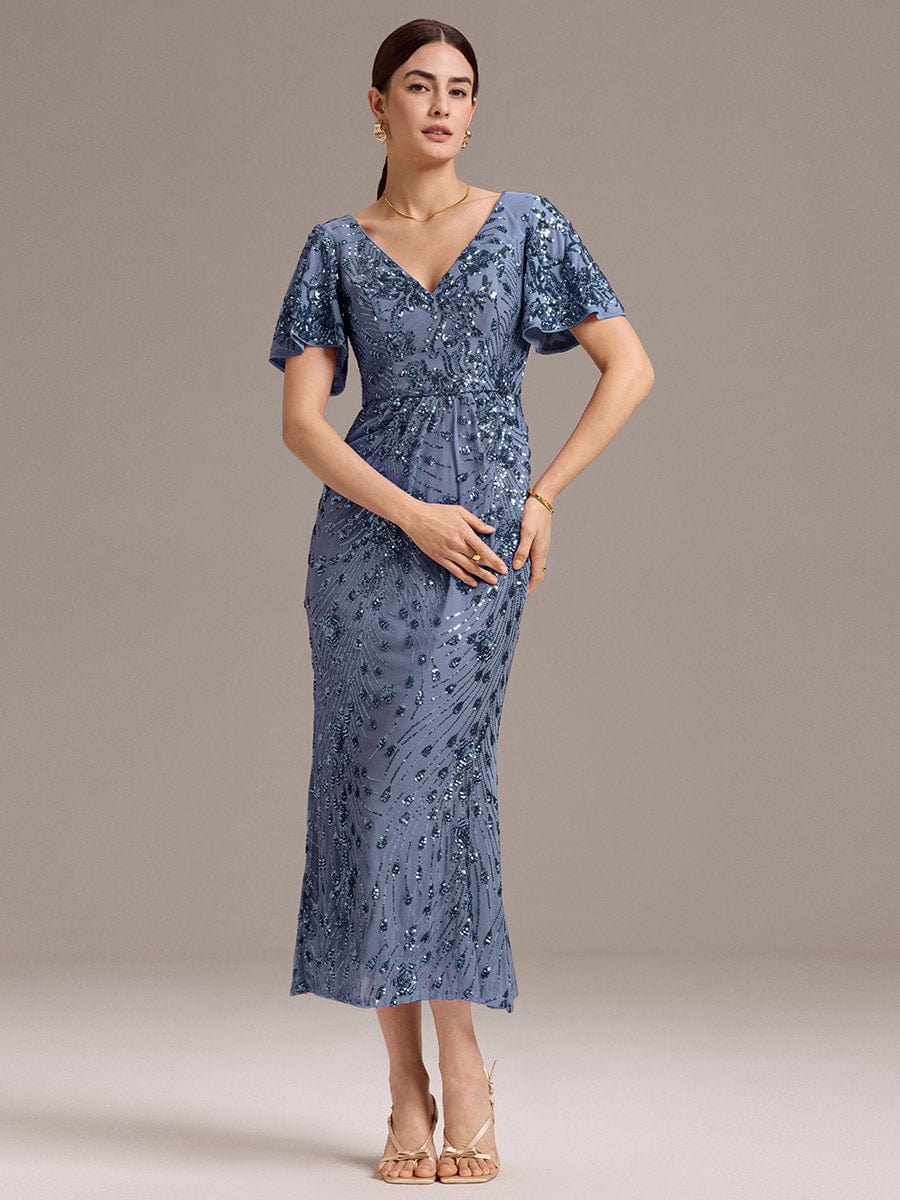 Sequin Ruffle Sleeve Evening Dress #color_Dusty Blue