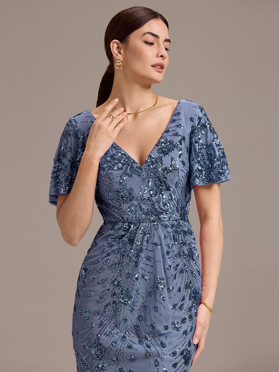 Sequin Ruffle Sleeve Evening Dress #color_Dusty Blue