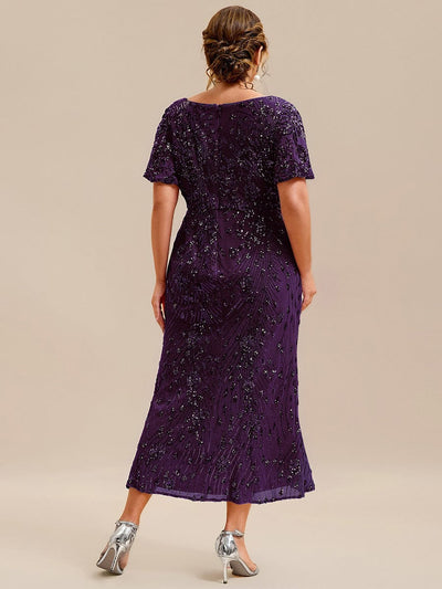 Sequin Ruffle Sleeve Evening Dress #color_Dark Purple