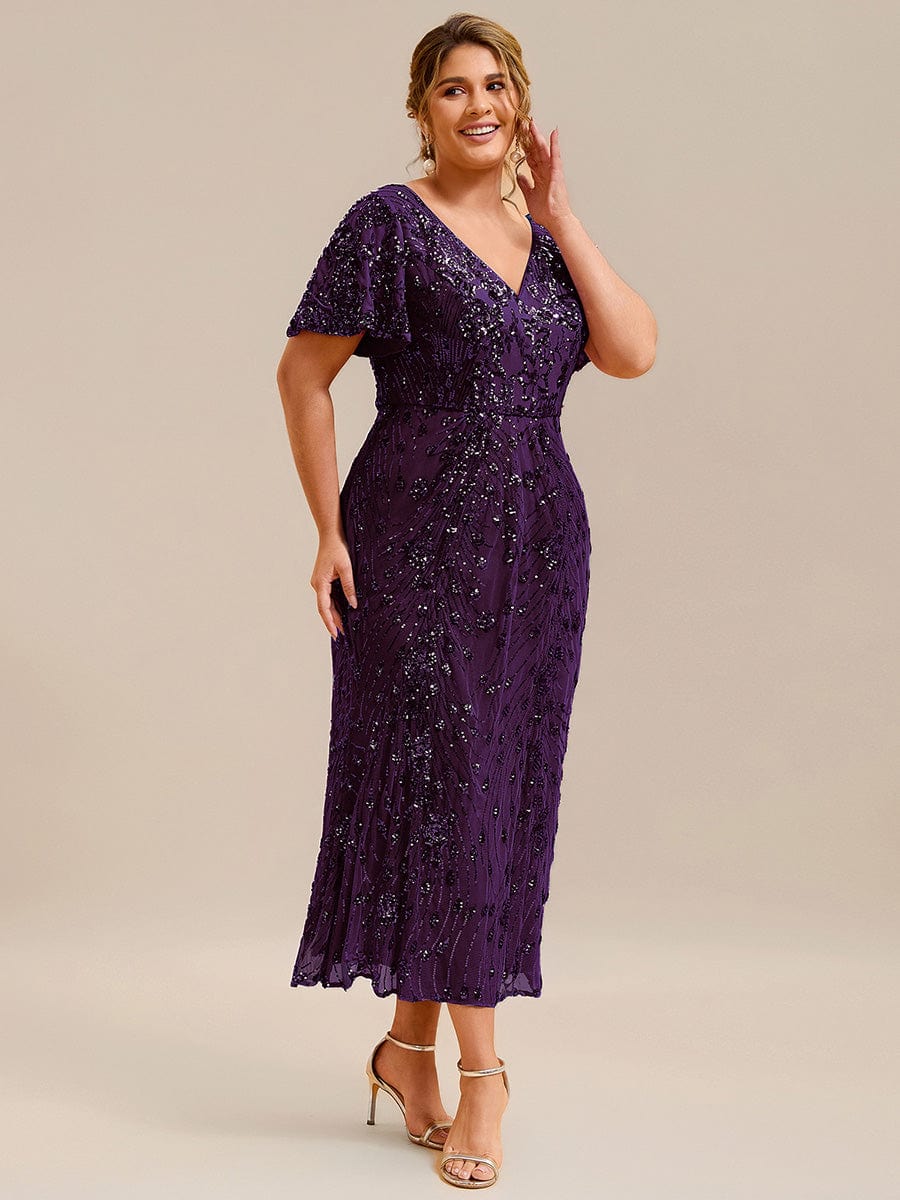 Sequin Ruffle Sleeve Evening Dress #color_Dark Purple