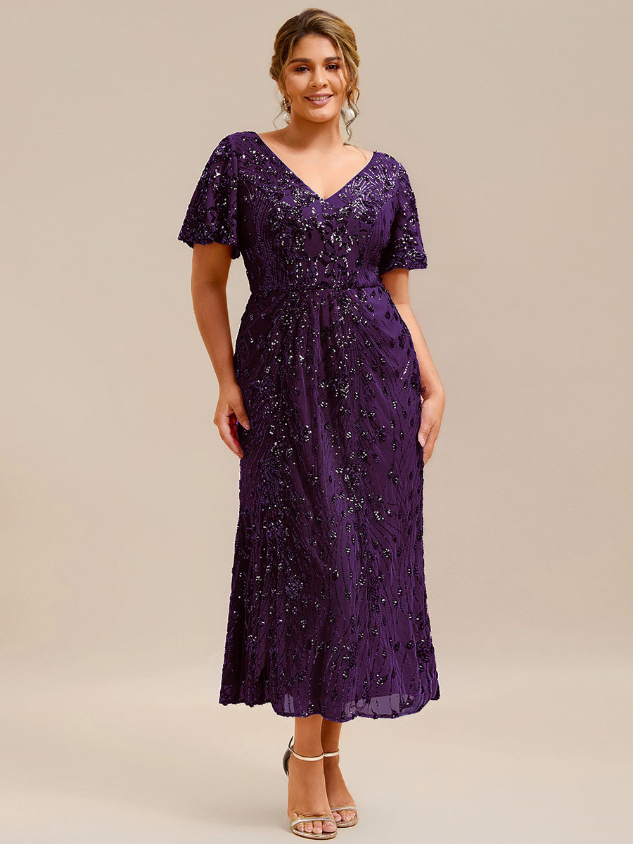 Sequin Ruffle Sleeve Evening Dress #color_Dark Purple