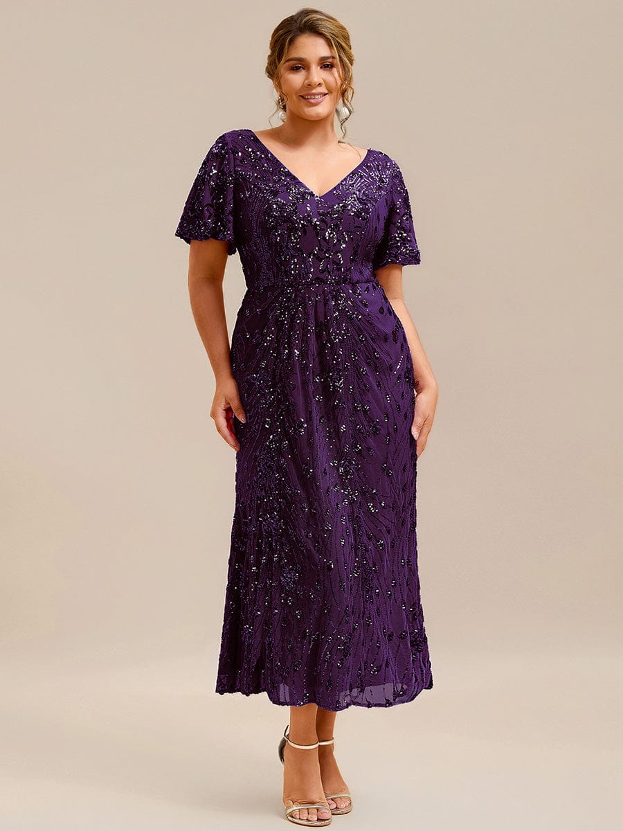 Sequin Ruffle Sleeve Evening Dress #color_Dark Purple
