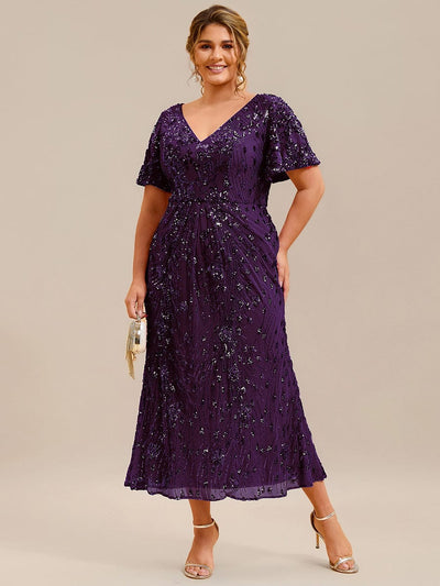 Sequin Ruffle Sleeve Evening Dress #color_Dark Purple
