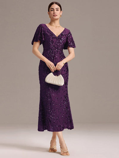 Sequin Ruffle Sleeve Evening Dress #color_Dark Purple