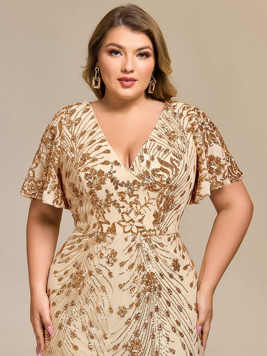 Sequin Ruffle Sleeve Evening Dress #color_Gold