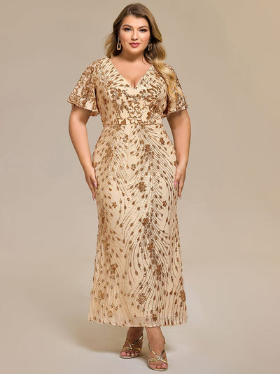 Sequin Ruffle Sleeve Evening Dress #color_Gold