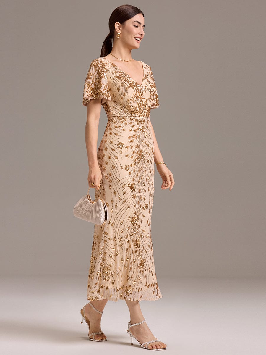 Sequin Ruffle Sleeve Evening Dress #color_Gold