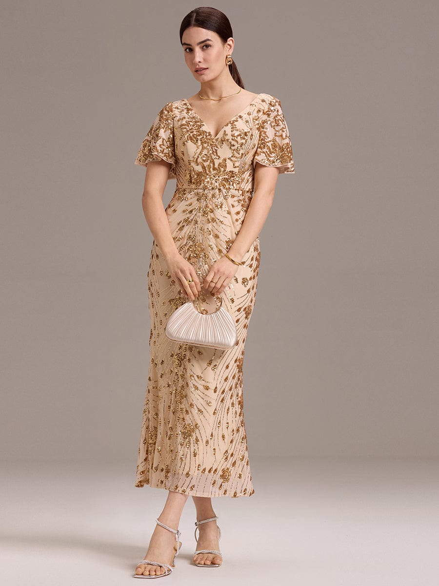 Sequin Ruffle Sleeve Evening Dress #color_Gold