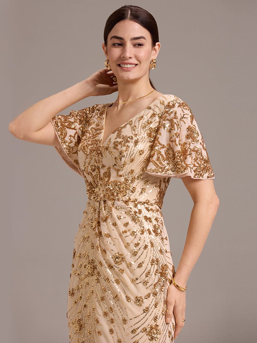 Sequin Ruffle Sleeve Evening Dress #color_Gold