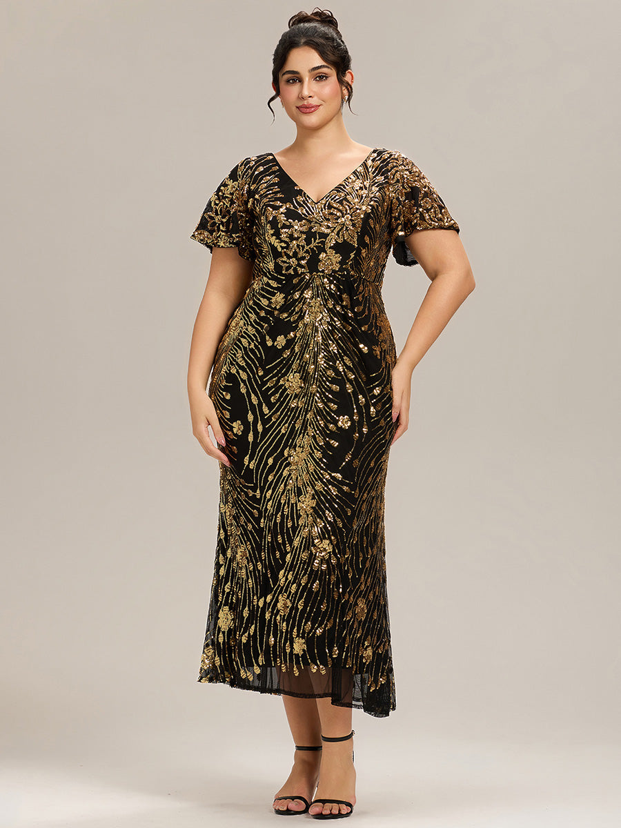 Sequin Ruffle Sleeve Evening Dress #color_Black & Gold
