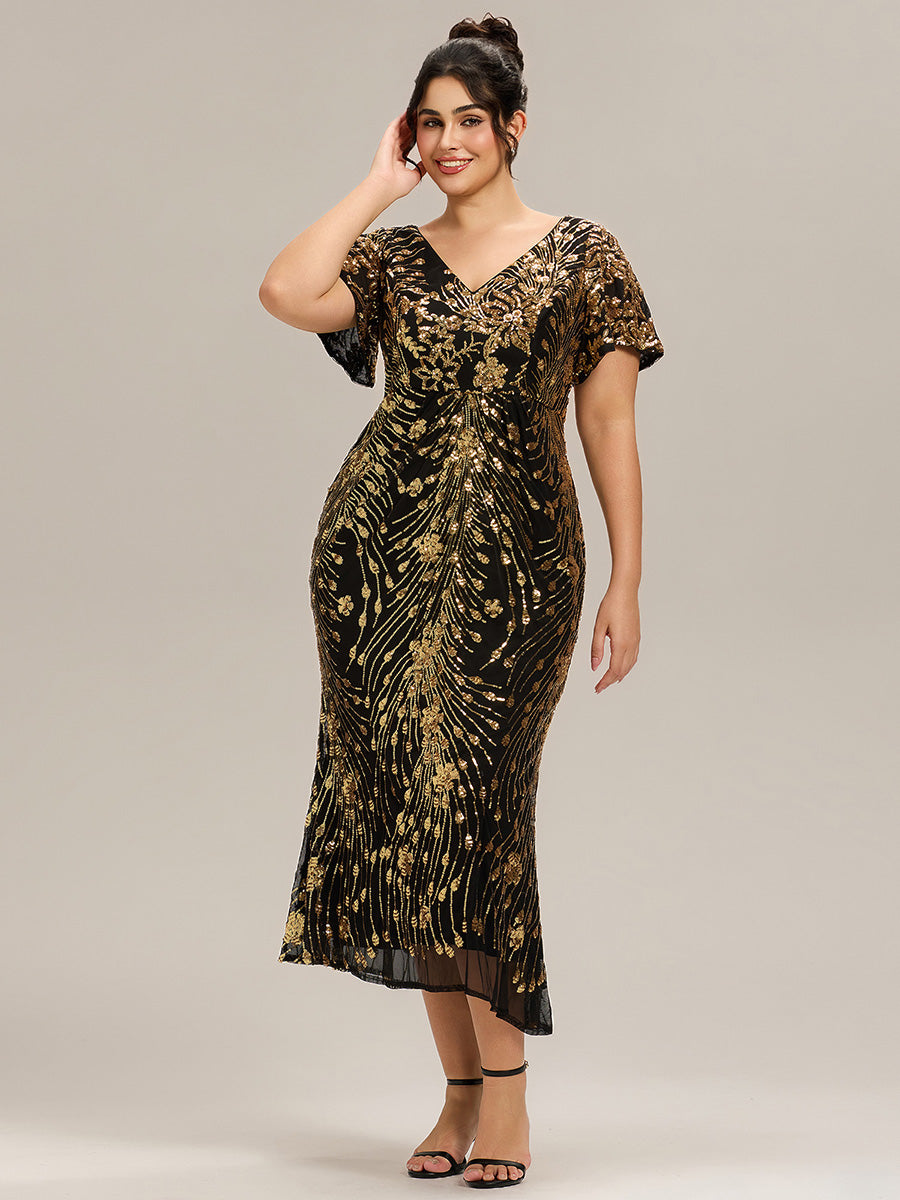 Sequin Ruffle Sleeve Evening Dress #color_Black & Gold