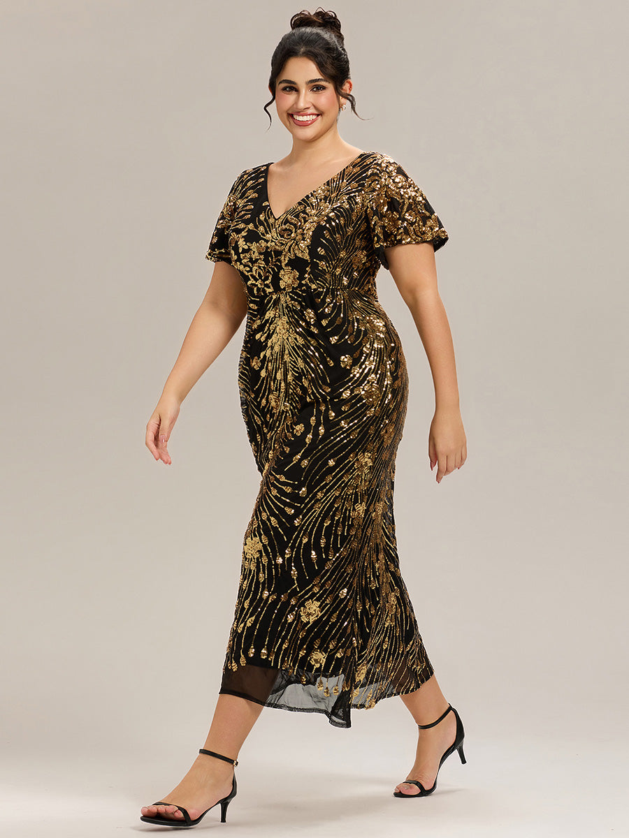 Sequin Ruffle Sleeve Evening Dress #color_Black & Gold