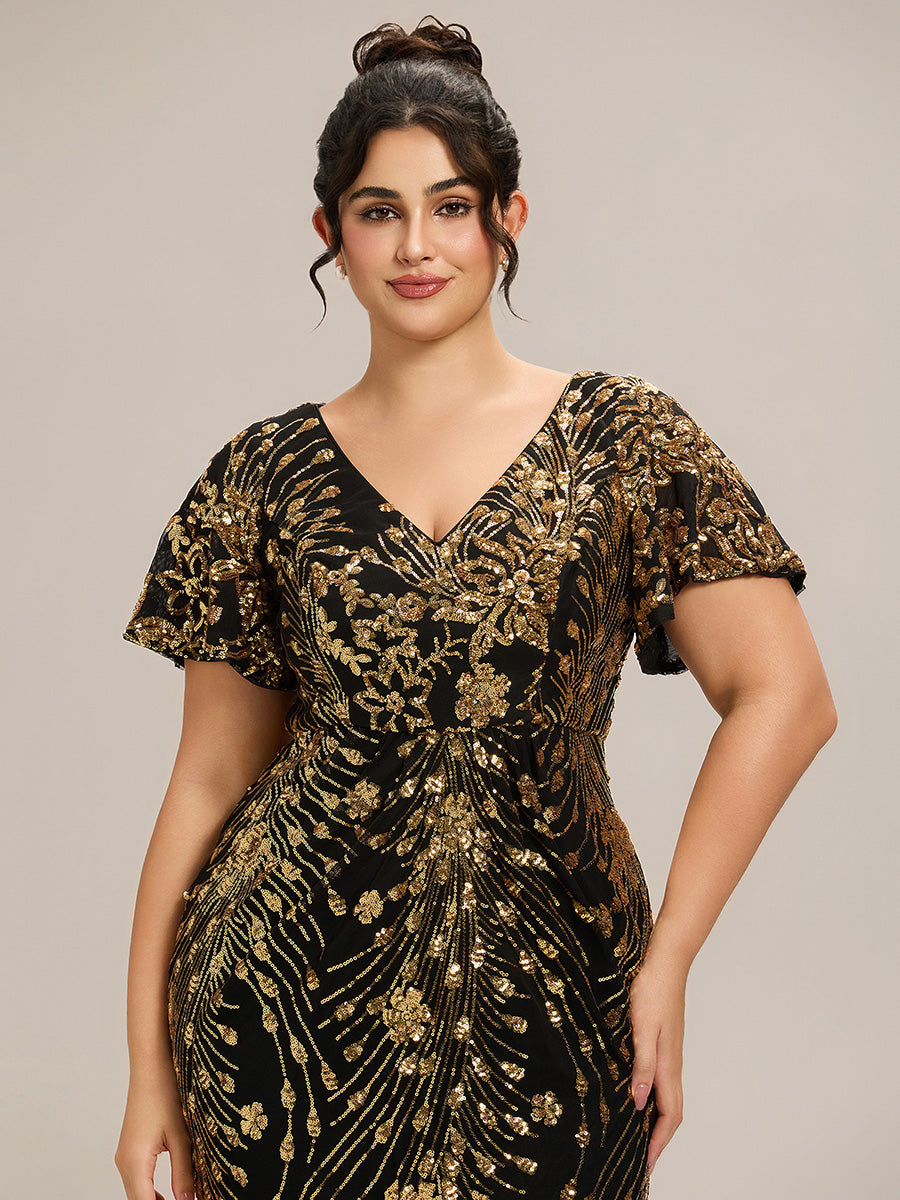 Sequin Ruffle Sleeve Evening Dress #color_Black & Gold