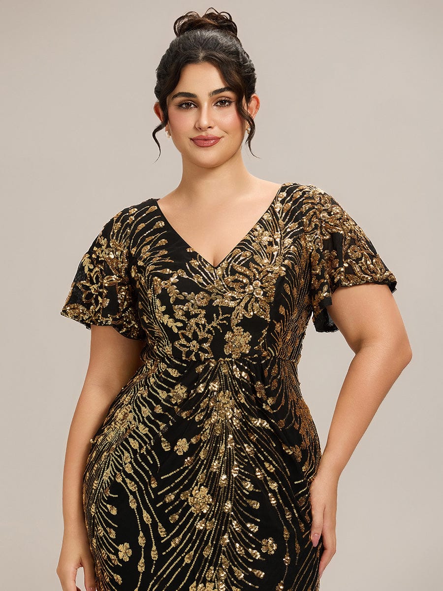 Sequin Ruffle Sleeve Evening Dress #color_Black & Gold