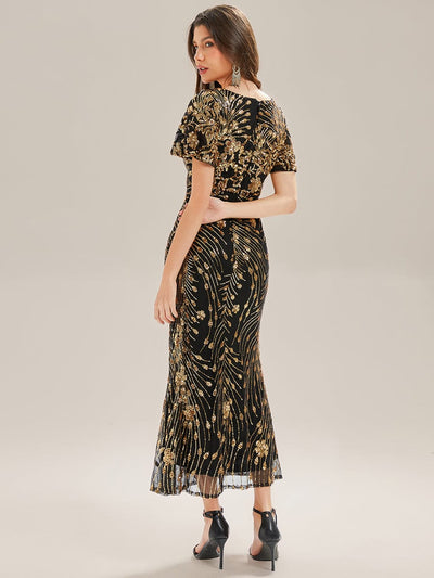 Sequin Ruffle Sleeve Evening Dress #color_Black & Gold
