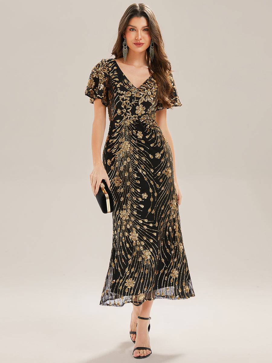 Sequin Ruffle Sleeve Evening Dress #color_Black & Gold