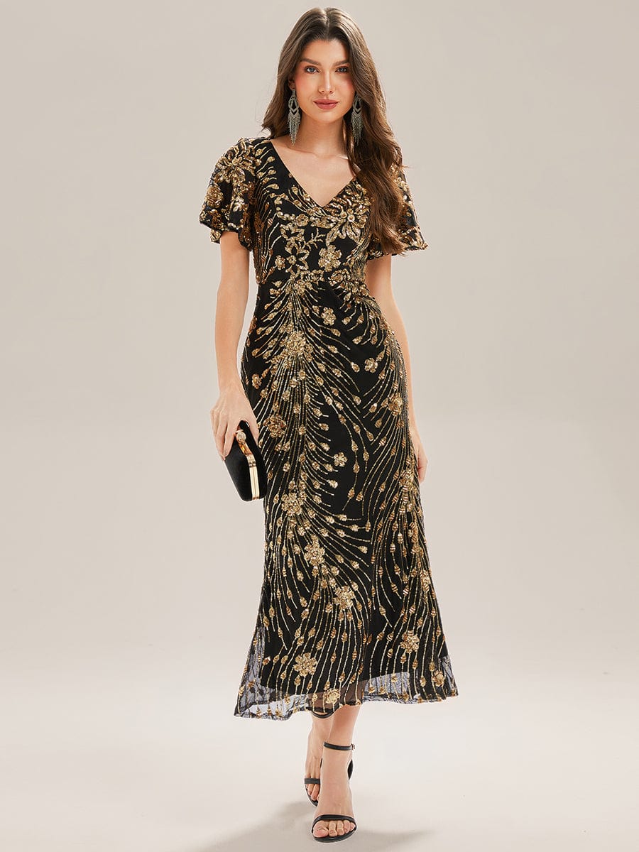 Sequin Ruffle Sleeve Evening Dress #color_Black & Gold
