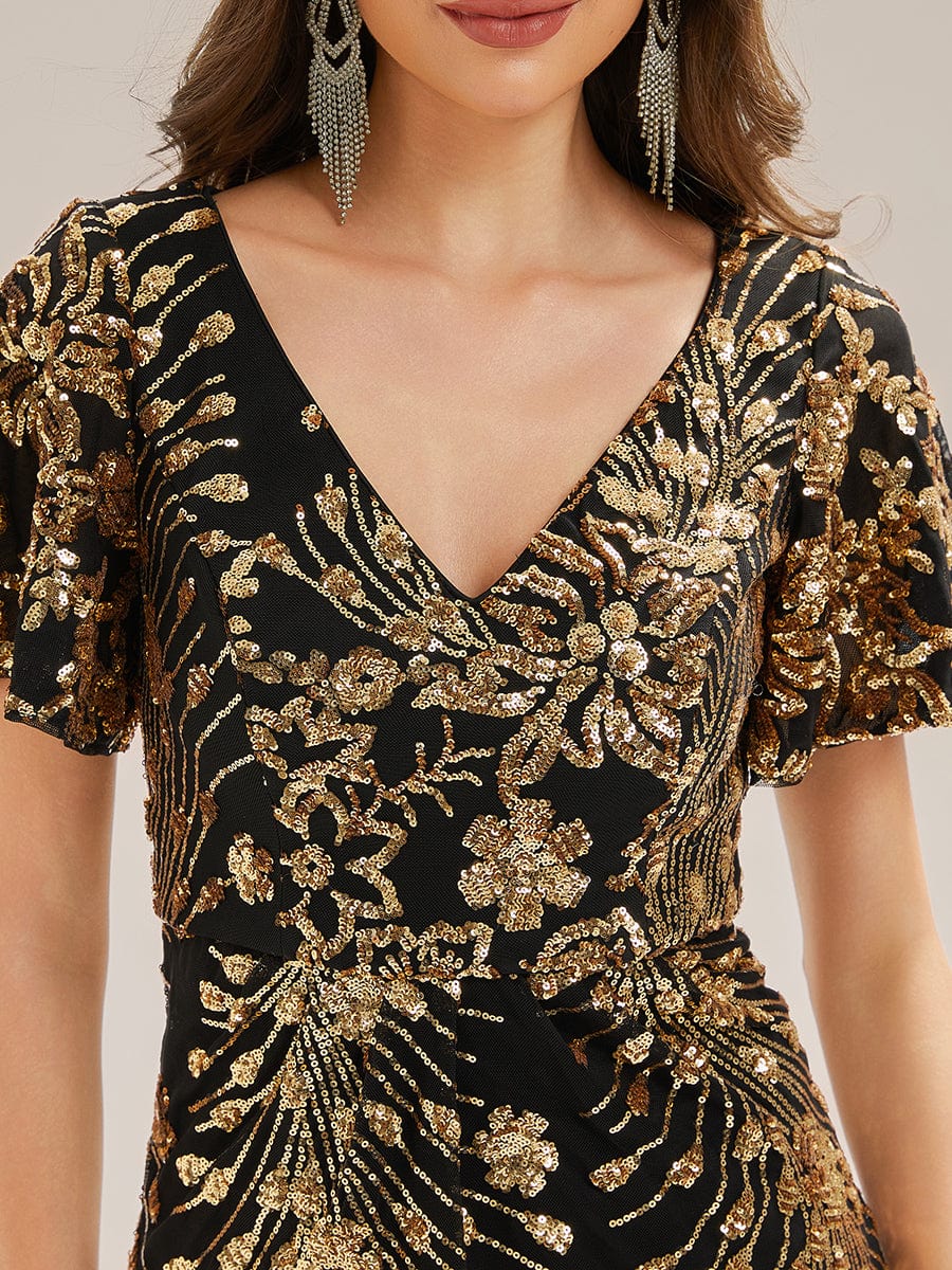 Sequin Ruffle Sleeve Evening Dress #color_Black & Gold