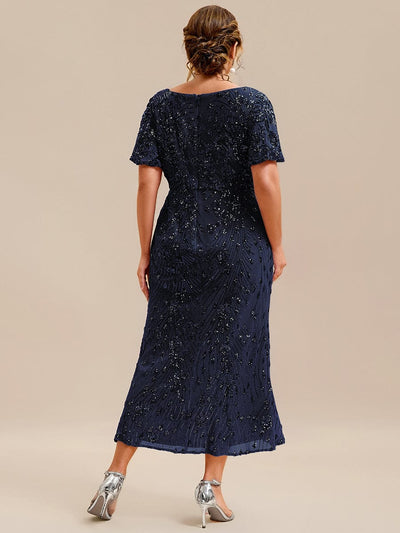 Sequin Ruffle Sleeve Evening Dress #color_Navy Blue