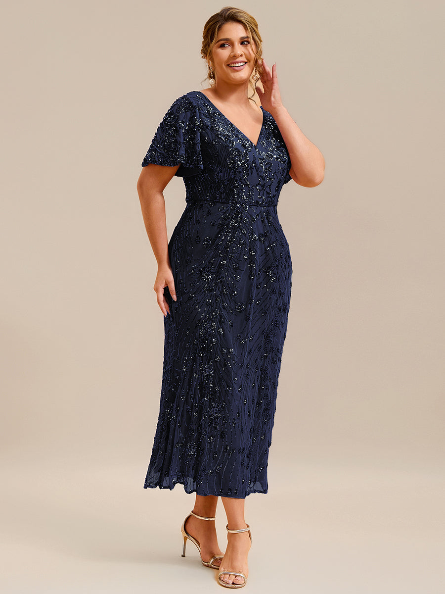 Sequin Ruffle Sleeve Evening Dress #color_Navy Blue