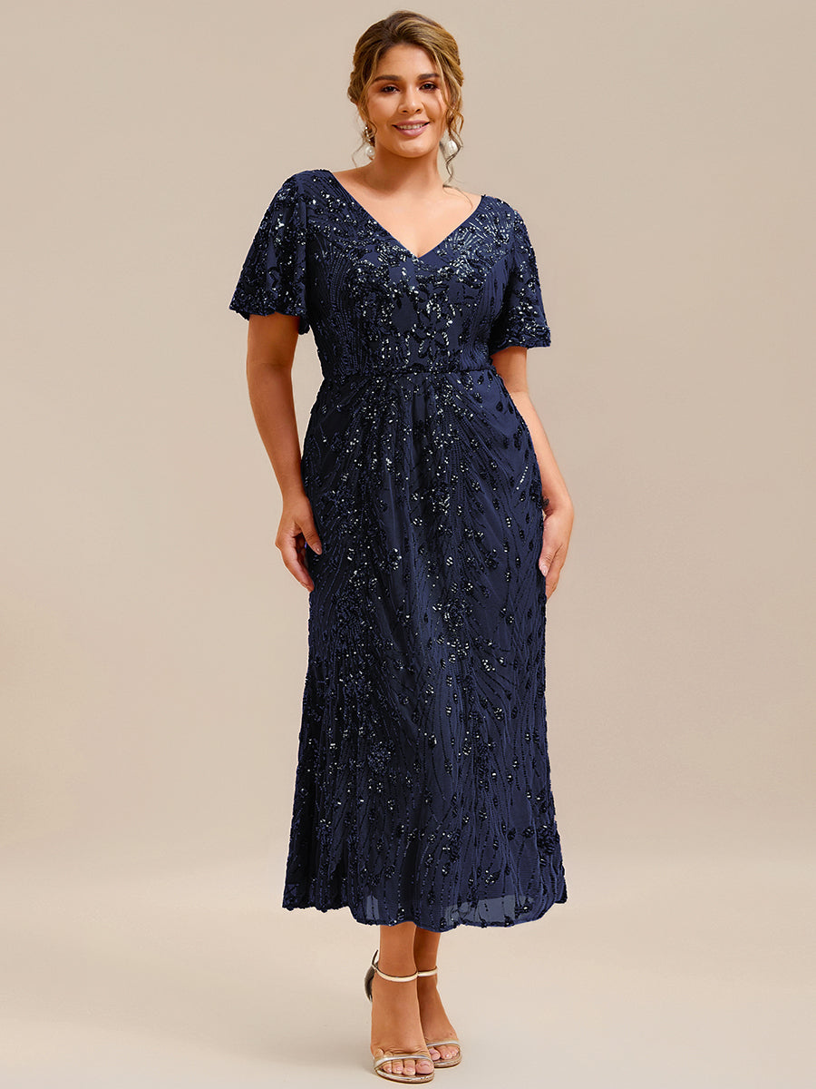 Sequin Ruffle Sleeve Evening Dress #color_Navy Blue