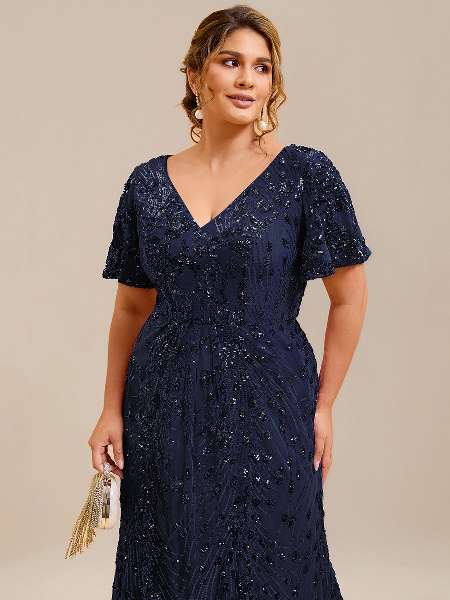 Sequin Ruffle Sleeve Evening Dress #color_Navy Blue