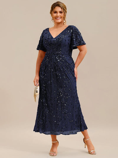 Sequin Ruffle Sleeve Evening Dress #color_Navy Blue