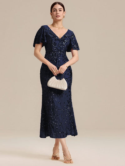 Sequin Ruffle Sleeve Evening Dress #color_Navy Blue