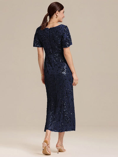 Sequin Ruffle Sleeve Evening Dress #color_Navy Blue