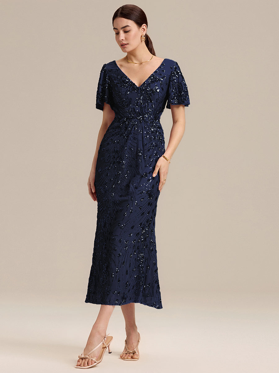 Sequin Ruffle Sleeve Evening Dress #color_Navy Blue