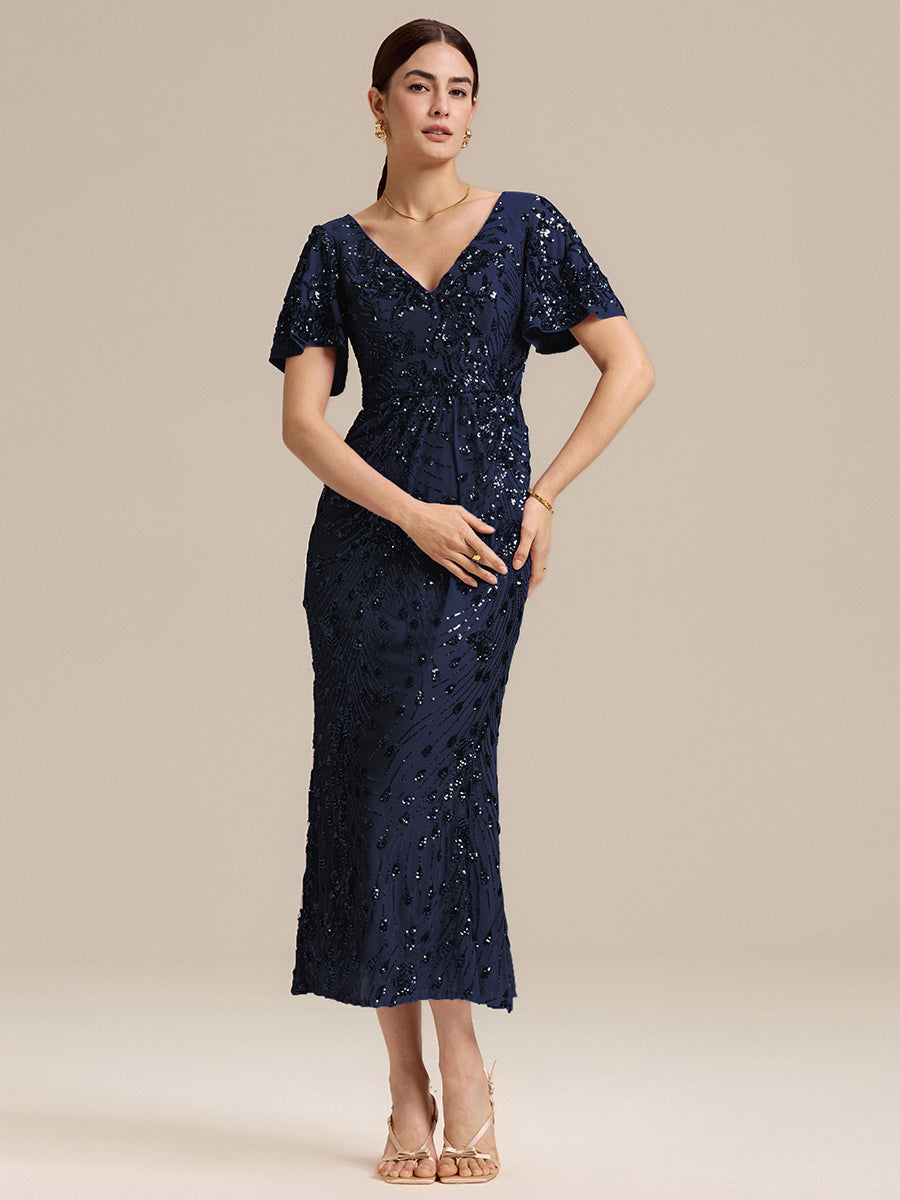 Sequin Ruffle Sleeve Evening Dress #color_Navy Blue