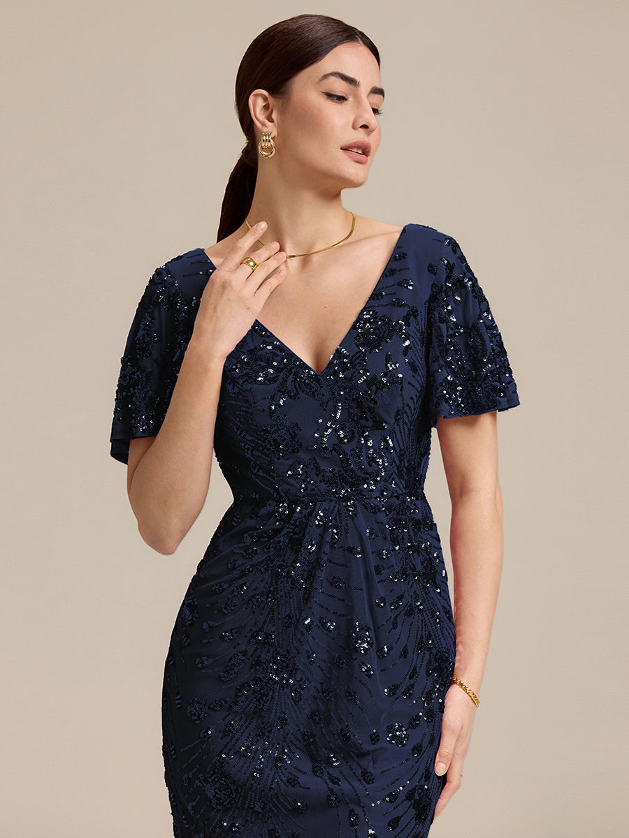 Sequin Ruffle Sleeve Evening Dress #color_Navy Blue
