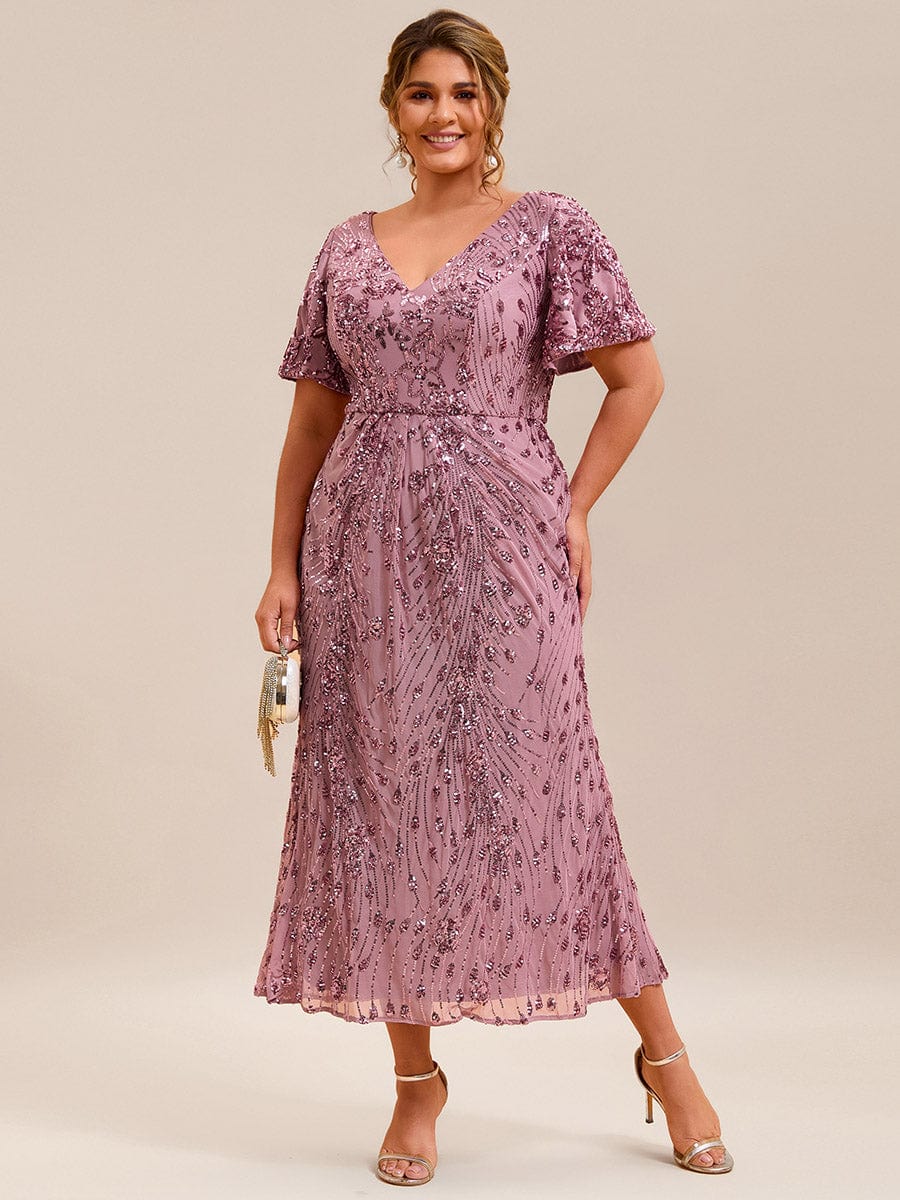 Sequin Ruffle Sleeve Evening Dress #color_Purple Orchid