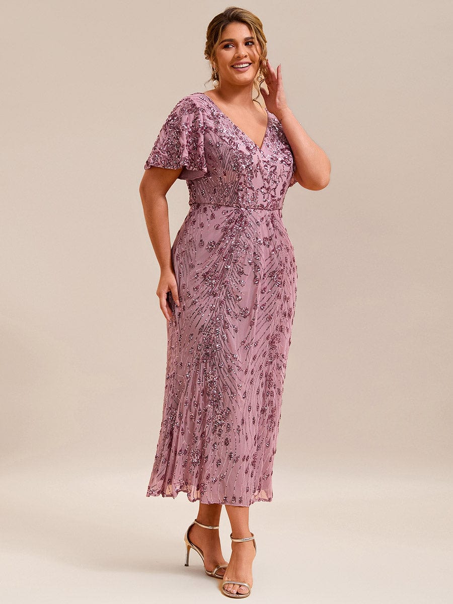 Sequin Ruffle Sleeve Evening Dress #color_Purple Orchid