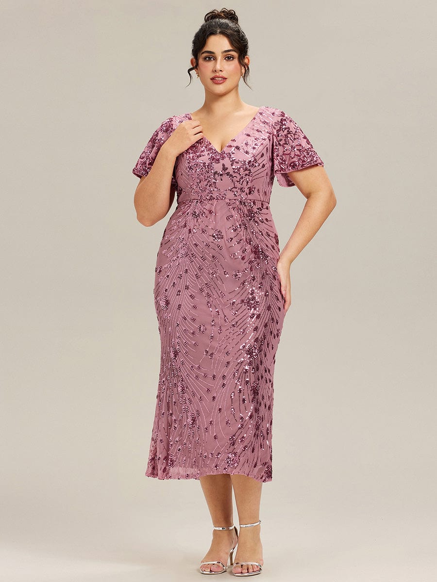 Sequin Ruffle Sleeve Evening Dress #color_Purple Orchid