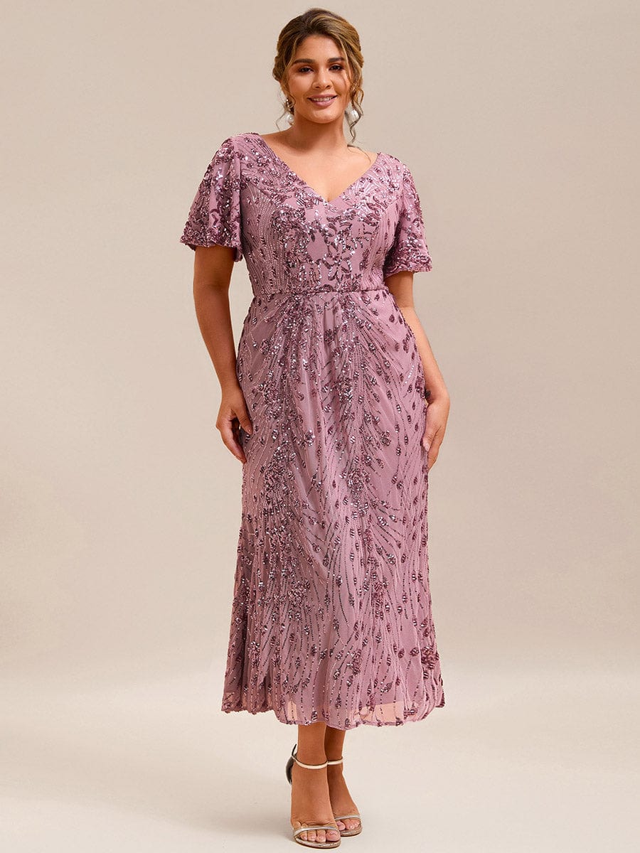 Sequin Ruffle Sleeve Evening Dress #color_Purple Orchid