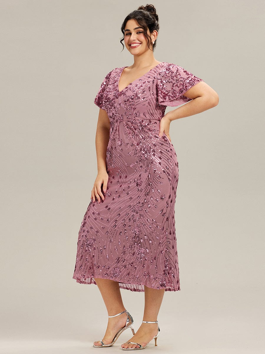 Sequin Ruffle Sleeve Evening Dress #color_Purple Orchid