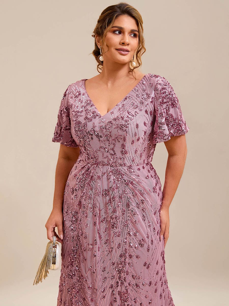 Sequin Ruffle Sleeve Evening Dress #color_Purple Orchid