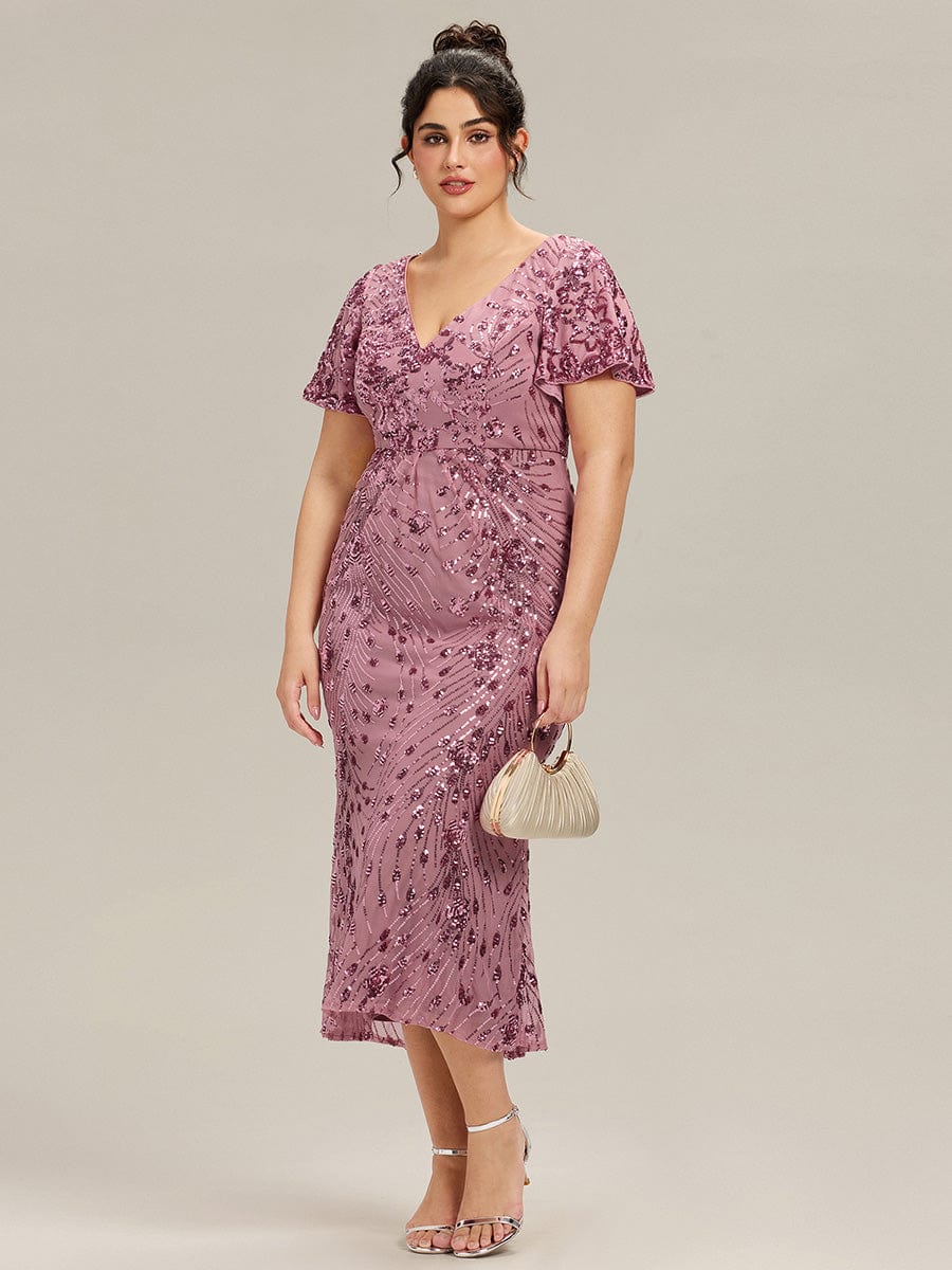 Sequin Ruffle Sleeve Evening Dress #color_Purple Orchid