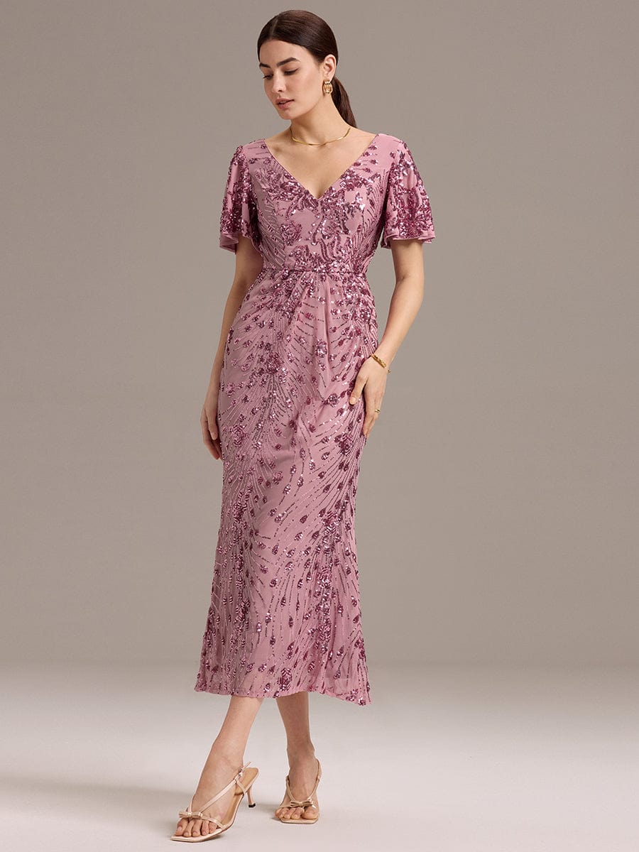 Sequin Ruffle Sleeve Evening Dress #color_Purple Orchid